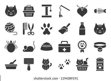 cute cat related icon such as cat litter box and toy, solid design