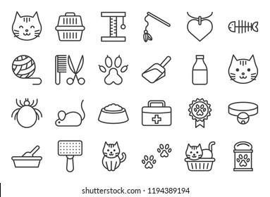 cute cat related icon such as cat litter box and toy, outline editable stroke