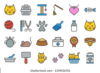 cute cat related icon such as cat litter box and toy, flat design editable stroke