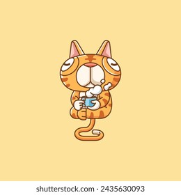 Cute cat relax with a cup of coffee cartoon animal character mascot icon flat style illustration concept set