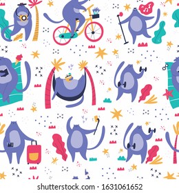 Cute cat relax flat vector seamless pattern. Funny fat kitten in hammock, singing and training cartoon illustration. Cat with camera taking selfie, riding bicycle, travelling wallpaper, textile print