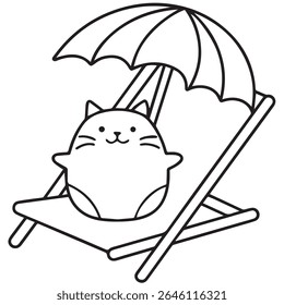 Cena de Relaxamento Gato Bonito Felino Caprichoso Desfrutando de Fuga de Praia na Cadeira do Convés Sob Guarda-Chuva de Praia Ilustração Adorável Perfeita para Projetos Temáticos de Verão e Conteúdo Infantil