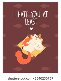 Cute cat relaxes inside cardboard box on card design. Template of postcard with amusing kitty and comic phrase. Layout of poster with funny kitten has a rest, lying. Flat vector illustration