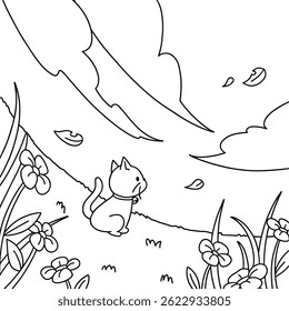 Cute cat relaxing in the garden while staring at the sky easy and simple coloring page for kids and adults.