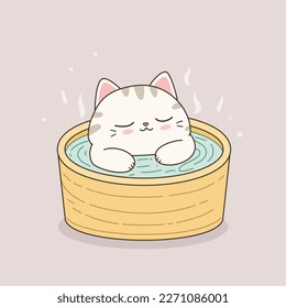 Cute cat relaxing in wooden hot tub in kawaii style. Vector flat illustration