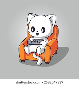 Cute Cat with Remote Control Sitting in Chair Cartoon Vector Icon Illustration Animal Nature Icon Isolated Flat Vector