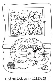 Cute cat is resting inside and the mouses are outside in the snow. 