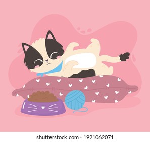 cute cat resting on cushion with food and toy ball vector illustration