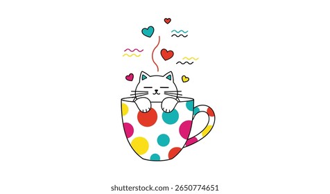 Cute cat resting in a polka dot coffee cup with hearts and steam rising