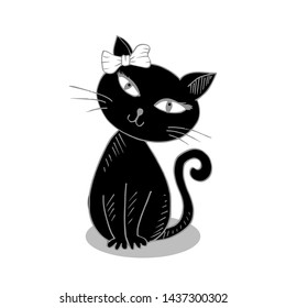 Cute cat with ribbon bow head . Vector hand drawing