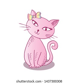 Cute cat with ribbon bow head . Vector hand drawing
