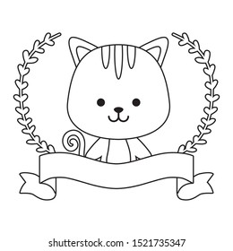 cute cat with ribbon and branches of leafs vector illustration design