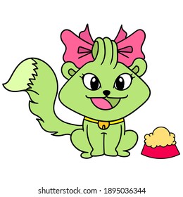 a cute cat with a ribbon is laughing eating, character cute doodle draw. vector illustration