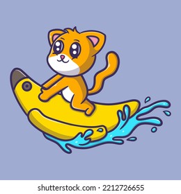 Cute cat rid banana boats cartoon vector icon illustration