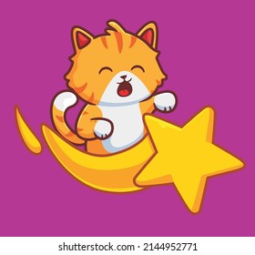 süße Katze reiten auf dem Sternenmeteor. einzelne Cartoon-Tiergrafik. Flachsticker-Symboldesign-Logo-Vektorgrafik für Premium-Logos. Mascot-Zeichen