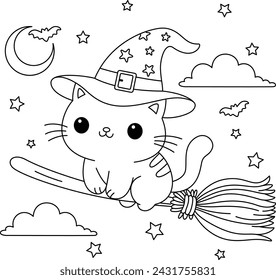 Cute cat rides a broomstick through the night sky coloring page. 