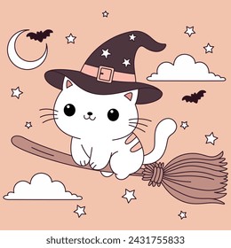 Cute cat rides a broomstick through the night sky