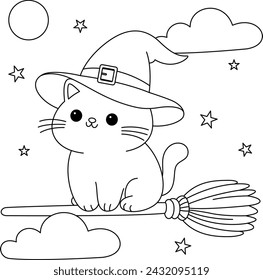 Cute cat rides a broomstick through the night sky coloring page. 