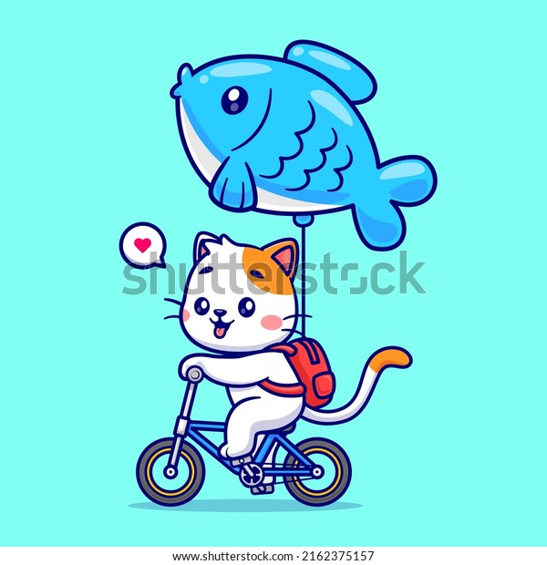 Cute Cat Riding Bicycle With\
Fish Balloon Cartoon Vector Icon Illustration. Animal\
Transportation Icon Concept Isolated Premium Vector. Flat Cartoon\
Style