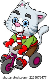 A Cute Cat Riding Bicycle and smiling of illustration
