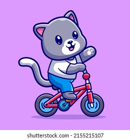 Cute Cat Riding Bicycle With Waving Hand Cartoon Vector Icon Illustration. Animal Transportation Icon Concept Isolated Premium Vector. Flat Cartoon Style