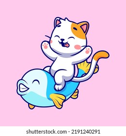 Cute Cat Riding Fish Cartoon Vector Icon Illustration. Animal Nature Icon Concept Isolated Premium Vector. Flat Cartoon Style