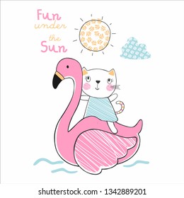 CUTE CAT RIDING A INFLATABLE FLAMINGO SUMMER VECTOR ILLUSTRATION