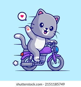 Cute Cat Riding Motorcycle Cartoon Vector Icon Illustration. Animal Transportation Icon Concept Isolated Premium Vector. Flat Cartoon Style