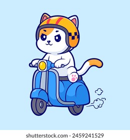 Cute Cat Riding Motorcycle Cartoon Vector Icon Illustration. Animal Transportation Icon Concept Isolated Premium Vector. Flat Cartoon Style