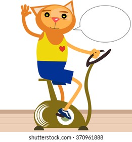Cute cat riding on stationary bicycle  with blank speech bubble.