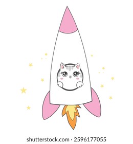 Cute Cat Riding Rocket Cartoon Vector Icon Illustration. Animal Science Icon Concept Isolated Premium Vector. Flat Cartoon Style