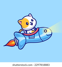 Cute Cat Riding Rocket Fish In Space Cartoon Vector Icon Illustration. Animal Technology Icon Concept Isolated Premium Vector. Flat Cartoon Style