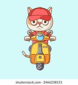 Cute cat riding scooter animal kawaii chibi character mascot illustration outline style design set