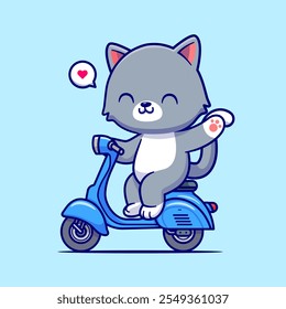 Cute Cat Riding Scooter Cartoon Vector Icon Illustration. 
Animal Transportation Icon Concept Isolated Premium Vector. 
Flat Cartoon Style