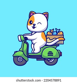 Cute Cat Riding Scooter With Fish Box Cartoon Vector Icon Illustration. Animal Transportation Icon Concept Isolated Premium Vector. Flat Cartoon Style