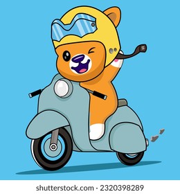 Cute Cat Riding Scooter With Yellow Helmet Cartoon Vector Icon Illustration. Isolated Vector Animal Transport Icon Concept.