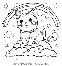 A cute cat riding  through a rainbow ,filled sky , Black and white coloring pages for kids, simple lines, vector style