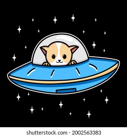 Cute cat riding UFO spaceship cartoon illustration