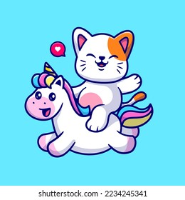 Cute Cat Riding Unicorn Cartoon Vector Icon Illustration. Animal Nature Icon Concept Isolated Premium Vector. Flat Cartoon Style