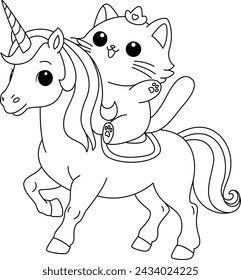 The cute cat is riding a unicorn coloring page