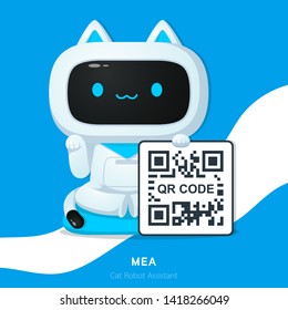Cute cat robot assistant character or Maneki Neko in Japan calling for money with qr code use for illustrations 