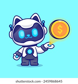 Cute Cat Robot Holding Gold Coin Cartoon Vector Icon Illustration. Animal Technology Icon Concept Isolated Premium Vector. Flat Cartoon Style