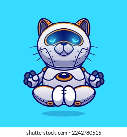 Ilustración del icono del vector de dibujos animados de yoga de la meditación del robot gato lindo. Vector Premium Aislado De Icono De Tecnología Animal. Estilo de dibujo plano