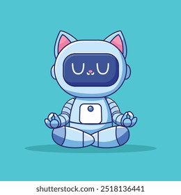 Cute Cat Robot Meditation Yoga Cartoon Vector Icon Illustration. Animal Technology Icon Concept Isolated Premium Vector. Flat Cartoon Style