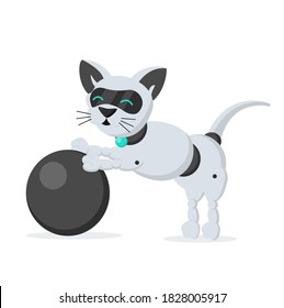 cute cat robot plays with a ball. Technological robot that measures the habits of animals. Pet of the future