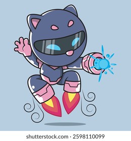 cute cat robot with rockets on its feet with plasma guns on its hands
