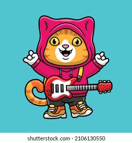 Cute Cat Rock Star Playing Guitar Illustration.