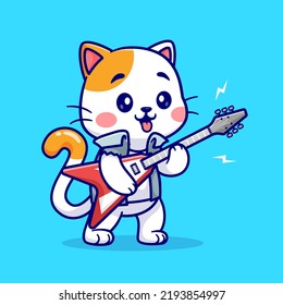 Ilustración de Icono de vectores de guitarra de rockero de felino lindo que toca guitarra. Vector Premium Aislado De Concepto De Icono De Música Animal. Estilo de dibujo plano