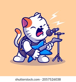 Cute Cat Rocker Sing With Guitar Cartoon Vector Icon Illustration. Animal Music Icon Concept Isolated Premium Vector. Flat Cartoon Style
