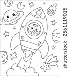 Cute cat in the rocket coloring page illustration